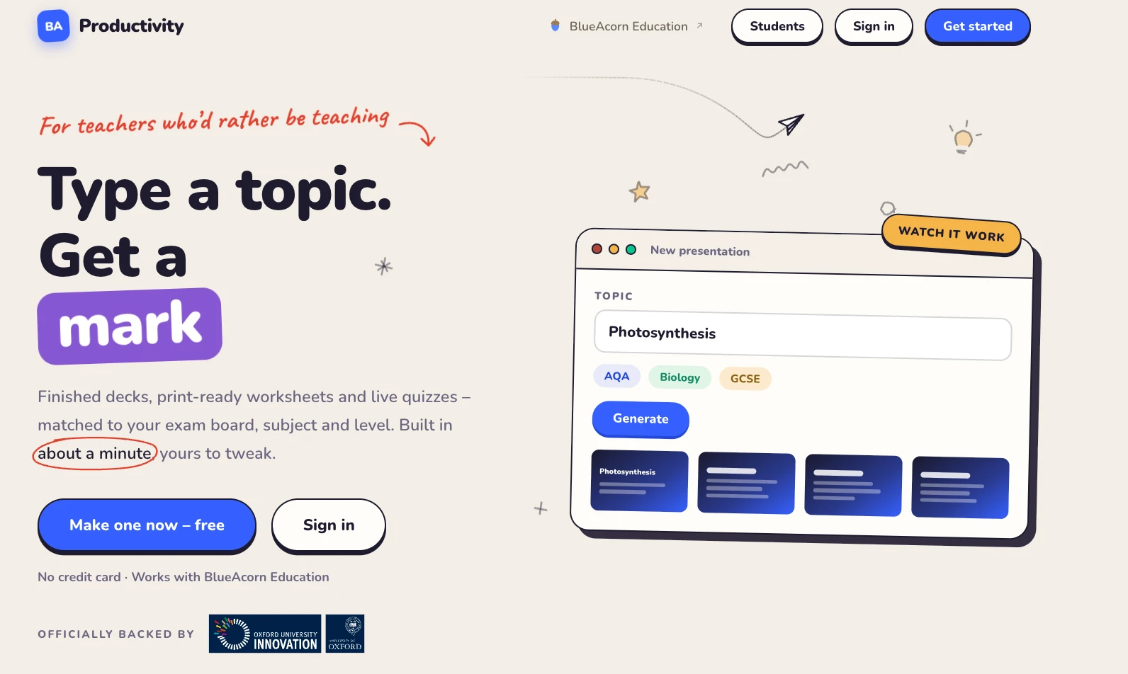 The BlueAcorn homepage: “Type a topic. Get a mark”, beside a new presentation on photosynthesis.