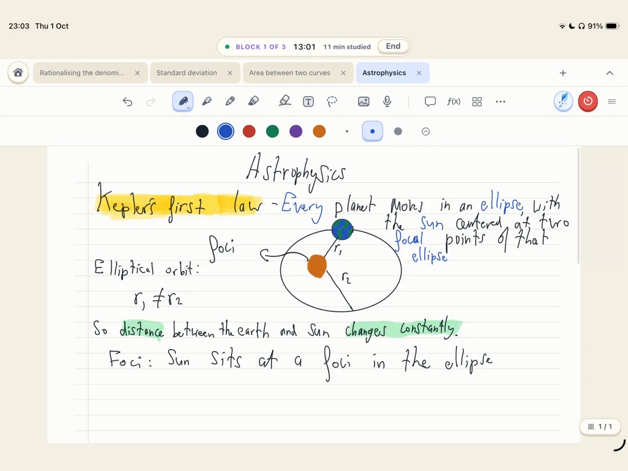 Plumi on iPad: handwritten astrophysics notes on Kepler’s first law, with tabs for other topics.